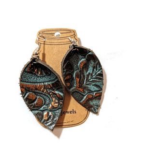 NWT Jill's Jewels blue tone leather petal earrings artisanal 2"